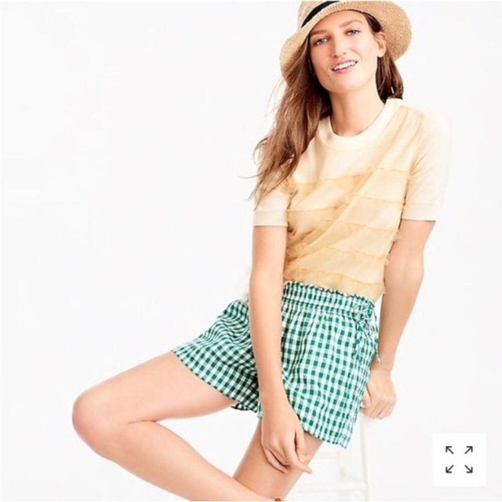 J Crew Green White Gingham 100% Linen Shorts G5231 Pull On XXS Summer Print